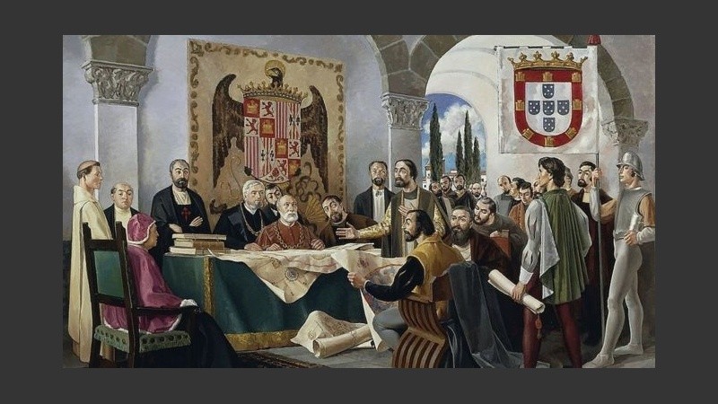 Un cuadro que ilustra el tratado de Tordesillas.