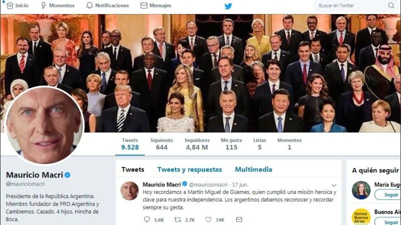 La cuenta de Twitter de Mauricio Macri. 