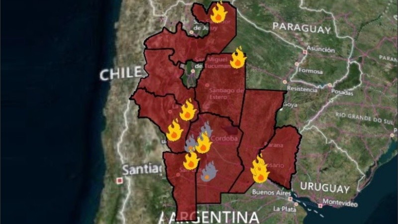 El mapa del fuego que elabora el Sistema Nacional de Alerta y Monitoreo de Emergencias.