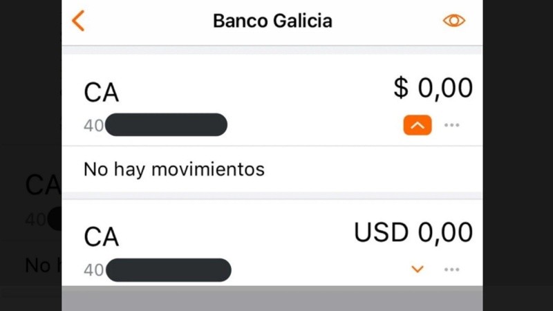 En la app del Banco Galicia aparecían las cuentas con saldo cero.