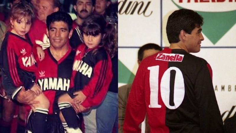 Diego en el estadio con sus hijas Dalma y Gianinna en brazos; y posando con la 10 en la espalda en la conferencia de prensa.