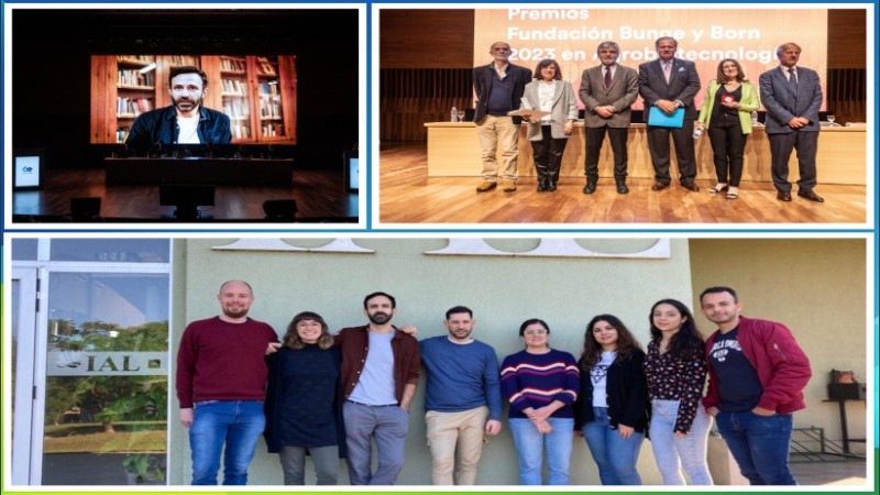 Ariel recibiendo el premio desde Francia, autoridades y premiadas, y el equipo de trabajo de Ariel