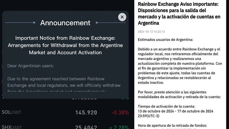 Rainbow Exchange anunció su retiro de la Argentina y le exige a sus inversores un depósito de criptodólares para hacer retiros.